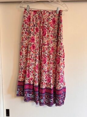 Maje Pink Floral Tiered Maxi Skirt with Purple Border